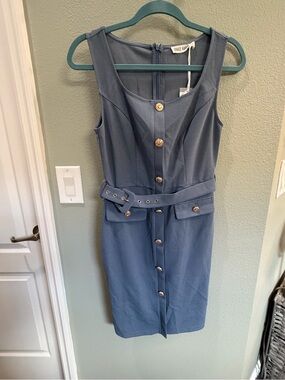 NWT Grace Karin Slate Blue Midi Dress with Belt